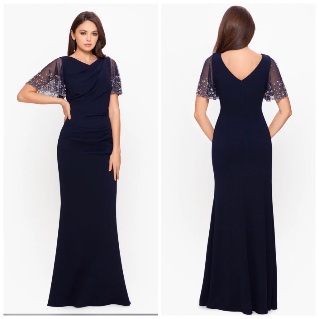 Nwt Betsy & Adam Juliana Scuba Crepe Mesh Sleeves Beaded Long Dress Navy Size 6p